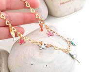 Gold Heart Chain Necklace with Charms | Enamel Fish and StarsGold Stainless steel