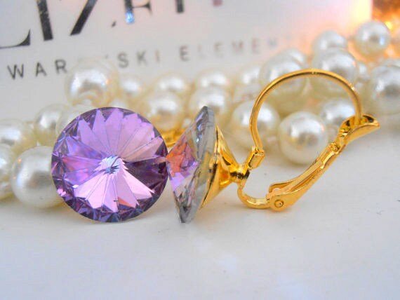 BIG Light Vitrail Dangle Earrings / Rivoli Crystal Drop Earrings / 14mm Crystals / Leverback Gold Glue on Earrings / Wedding