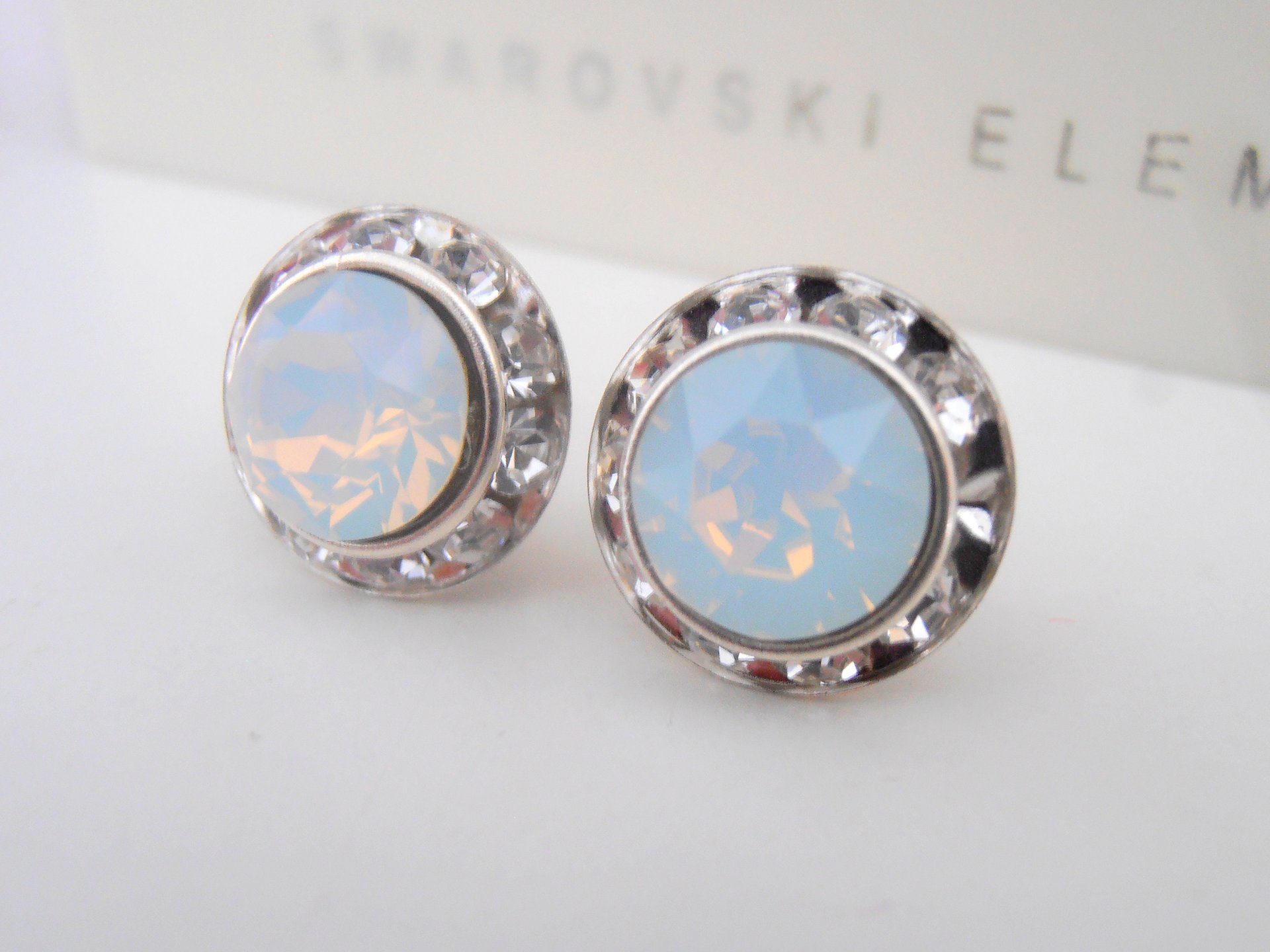 White Opal Halo Earrings: Swarovski Crystal Rhinestone Studs