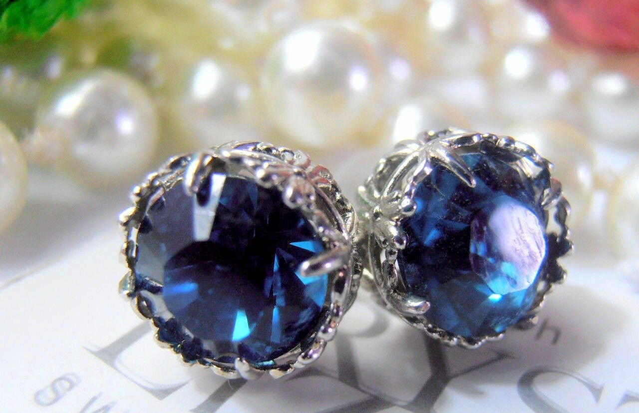 Dark Sapphire Crystal Earrings Swarovski | Art Deco Blue Platinum Studs