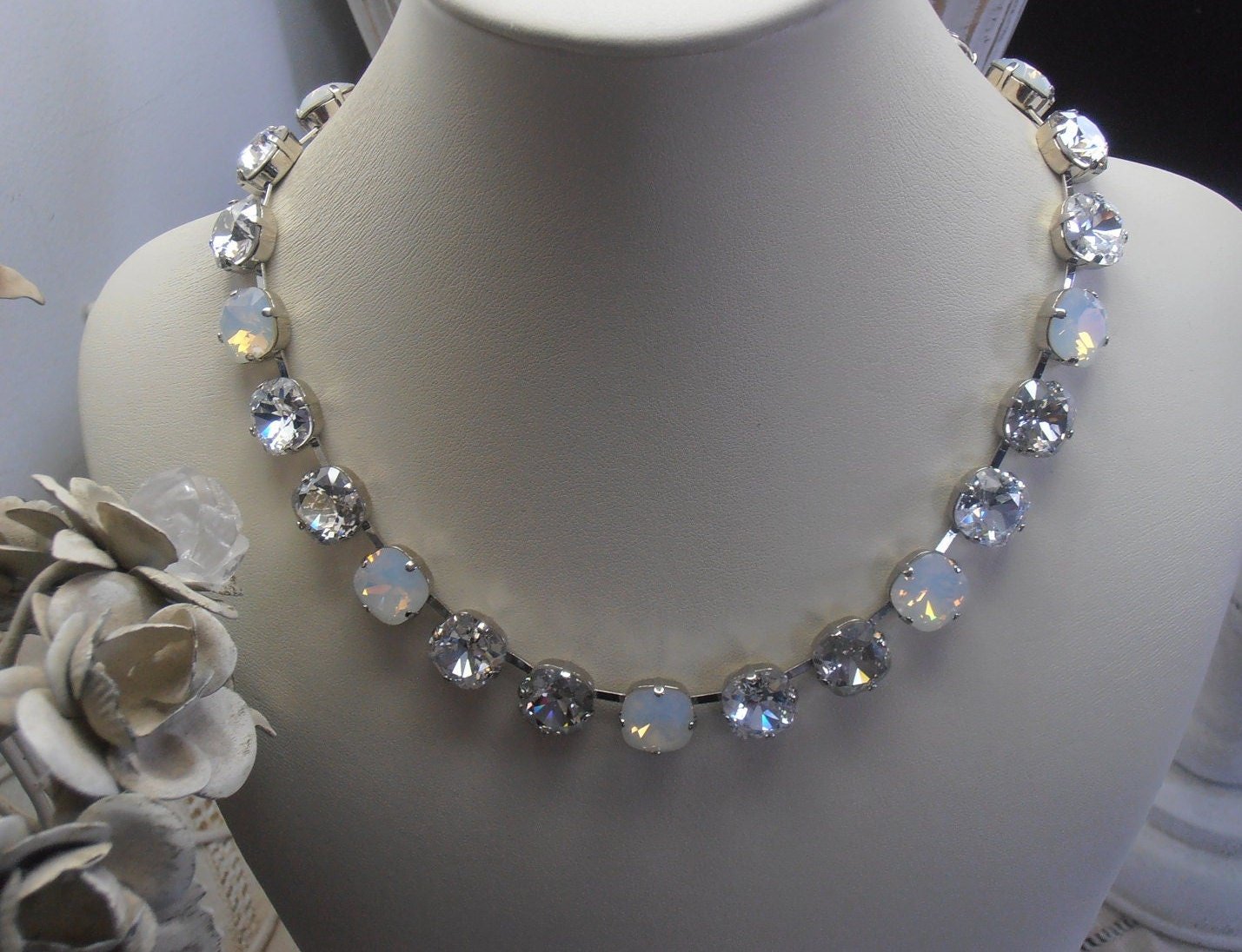 White Opal Crystal Choker Necklace, Cushion Cut Bridal Collet, Statement Jewelry, Tennis Cup chain 4470 12mm, Gift for her