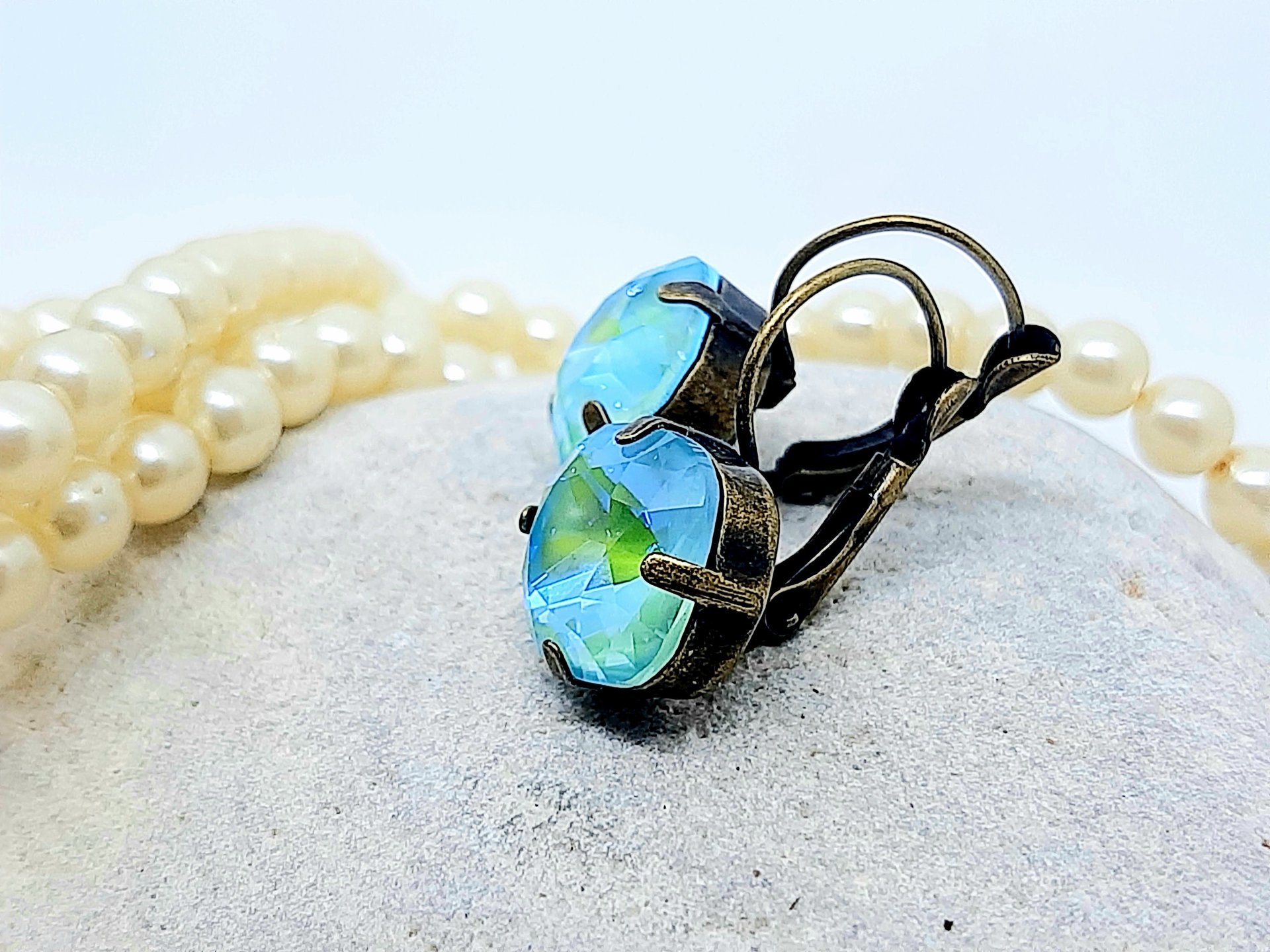 Mint Blue Square Dangle Earrings in Antique Bronze