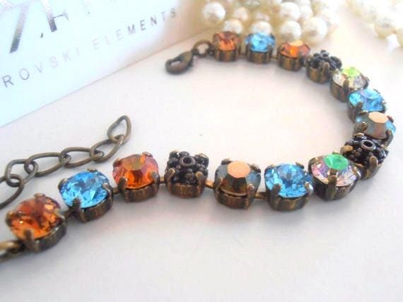 Multi-colored Crystal Bracelet | Antique Bronze Jewelry for Gift