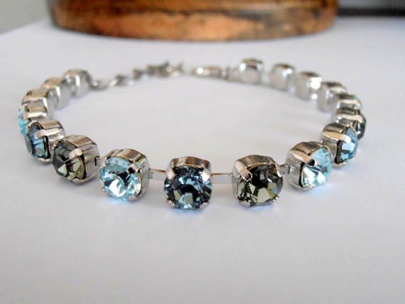 Dainty Crystal Blue Bracelet, Tennis Cup chain, Platinum Jewelry Gift for her, Fashion Jewelry