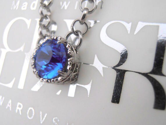 Blue Sapphire Minimalist Crystal Pendant, Solitaire Chain Filigree Necklace, Women jewelry, Wife Anniversary Gift