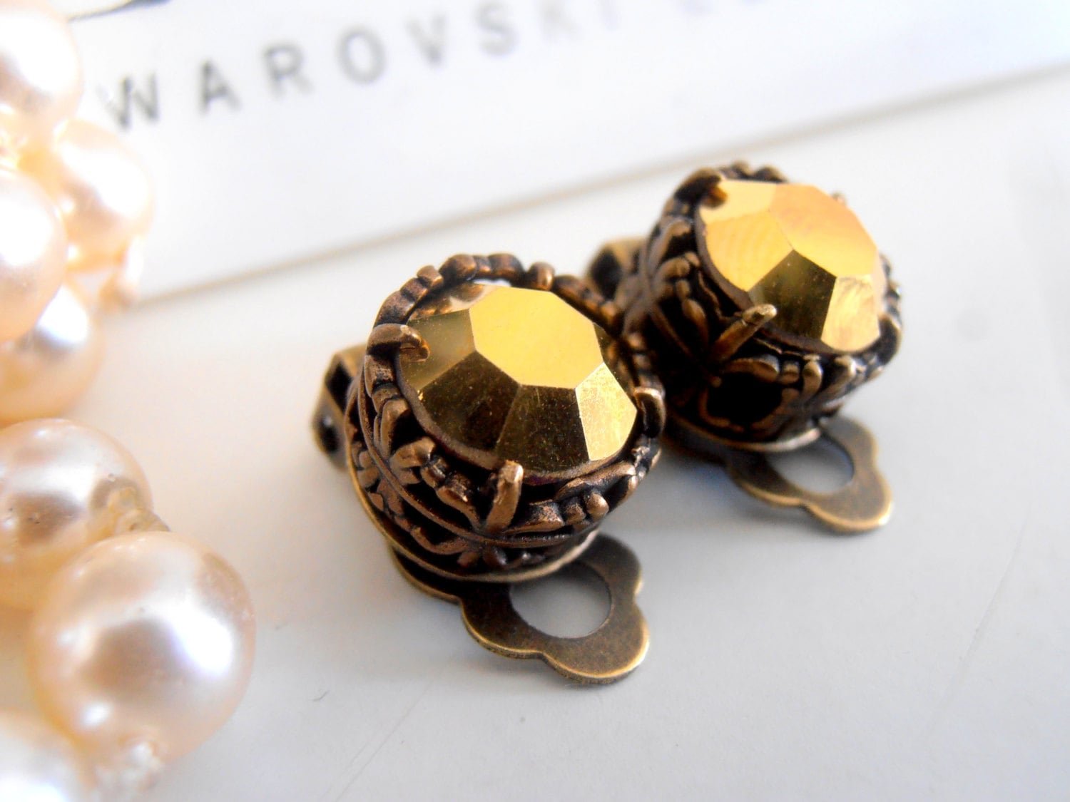 Metallic Gold Clip On Earrings | Non Pierced Studs for girls | Art Deco Antique Bronze Post 