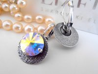 Aurora Borealis Hammered Boho Earrings / Bohemian Jewelry / Rivoli Disc Earrings / Dangle Drop / Antique Silver Lever back / Gift