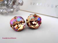 Luminous Green Stud Earrings with Fancy Crystals / Cushion Cut 4470 10mm / Antique Bronze Jewelry / Square Pierced Post / Women Gift