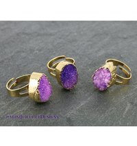 Purple Agate Gemstone Druzy Ring / Raw Stone Gold  Bohemian Jewelry / Statement Adjustable Ring / Mineral Gem / Oval 16mm