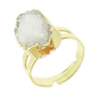 Crystal Gemstone Druzy Ring, Raw White Agate Stone Jewelry, Statement Adjustable Boho Ring, Mineral Oval 16mm Gold, Boho