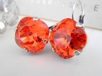 Padparadscha Cushion Cut Drop Earrings 12mm, Orange Crystals 4470, Antique Silver Jewelry, Anniversary Gift for her