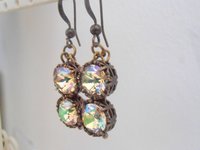 Luminous Green Bronze Drop Earrings with  Crystals / Art deco Fancy Jewelry / Birthday Gift / Vintage Dangle Hooks /