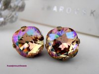 Luminous Green Stud Earrings with Fancy Crystals / Cushion Cut 4470 10mm / Antique Bronze Jewelry / Square Pierced Post / Women Gift