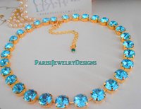 Aquamarine Gold Necklace with Crystal Chatons, Blue Crystal Choker, Tennis Gold Cup chain 10mm SS45, Christmas Gift For Her