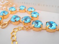 Aquamarine Gold Necklace with Crystal Chatons, Blue Crystal Choker, Tennis Gold Cup chain 10mm SS45, Christmas Gift For Her