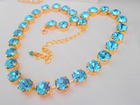 Aquamarine Gold Necklace with Crystal Chatons, Blue Crystal Choker, Tennis Gold Cup chain 10mm SS45, Christmas Gift For Her