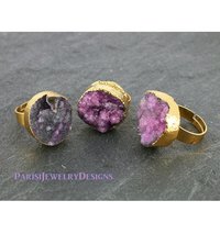 Raw Druzy Ring • Light Purple Agate Stone • Boho Cuff Rings • Band Statement Adjustable Ring • Natural Gemstone • Round 20mm Gold • 363