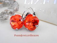 Padparadscha Cushion Cut Drop Earrings 12mm, Orange Crystals 4470, Antique Silver Jewelry, Anniversary Gift for her