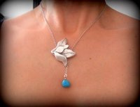 Turquoise Lariat Long Necklace / Y Necklaces / Ethnic Statement Pendant / Bohemian Jewelry / Lotus Flower Necklace / Stainless Steel Chain