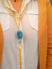 Natural Turquoise Blue Gemstone Necklace, Vermeil Clover Bar Long Necklace, Statement Bohemian Layering Jewelry, Birthday Gift for her