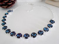 Blue Montana Rivoli Crystal Collet Necklace in Silver, Cup chain Choker, Long White Pearl Necklace, Wedding Day Bridal Jewelry