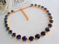 Dark Sapphire Collet Necklace, Georgian Crystal Choker, SS45 Gold Cup chain Jewelry, Tennis Necklace, Birthday gift for her