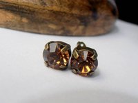 Light Smoked Topaz stud Earrings, Antique Bronze Jewelry, Post Pierce, 8mm Brown Crystal Chatons, Woman Gift