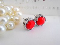 Handmade Red Coral Opal Filigree Post Earrings, Crystal Pierced Studs, Art Deco Platinum Jewelry, Prom Girl Gift