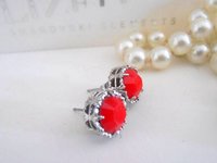 Handmade Red Coral Opal Filigree Post Earrings, Crystal Pierced Studs, Art Deco Platinum Jewelry, Prom Girl Gift