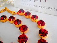 Red Ruby Crystal choker necklace, Georgian collet, Tennis gold cup chain setting, Birthday gift