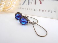 Sapphire Threader Earrings / Crystal Blue Long Drop Thread Jewelry / Art Deco Dangle / Antique Bronze Filigree / Christmas