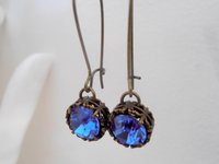 Sapphire Threader Earrings / Crystal Blue Long Drop Thread Jewelry / Art Deco Dangle / Antique Bronze Filigree / Christmas