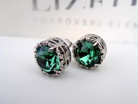 Erinite Pine Green Stud Crystal Earrings, Art Deco Jewelry, Filigree Pierced Post Earrings, Girl Birthday Gift