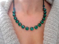 Emerald Tennis Necklace made with Crystal Chatons, Green Choker, Antique Jewelry, Bronze 10mm Cup chain, Georgian Collet