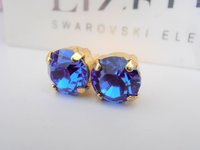 Blue Sapphire Stud Earrings, Pierced Post Earrings, Gold plated Setting, Fashion Trend Earrings, Costume Jewelry