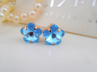 Aquamarine Blue Crystal Flower Earring Studs 10mm, Wedding Post Earrings, Bridal Jewelry, 14K Gold Pierced Dainty Earring, Christmas Gift