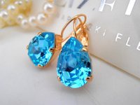 Blue Aquamarine Teardrop Crystal Earrings in Gold Plated