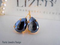 Dark Grey Teardrop Earrings with Pear Crystals • Lever back Gold Dangle Setting 14x10mm • Woman Valentine's Gift •