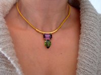 Yellow Leather Cord Tube Necklace with Fancy Crystals, Bohemian Gold Choker, Boho Jewelry, Olivine/Amethyst, Birthday Gift