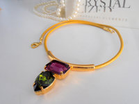 Yellow Leather Cord Tube Necklace with Fancy Crystals, Bohemian Gold Choker, Boho Jewelry, Olivine/Amethyst, Birthday Gift