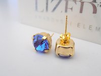 Blue Sapphire Stud Earrings, Pierced Post Earrings, Gold plated Setting, Fashion Trend Earrings, Costume Jewelry