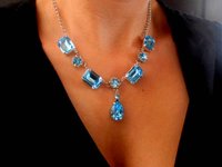 Aquamarine Crystal Bridgerton Y Necklace, Regency Jewelry, Georgian Blue Collet, Art Deco Birthday Gift, Anniversary