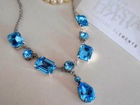 Aquamarine Crystal Bridgerton Y Necklace, Regency Jewelry, Georgian Blue Collet, Art Deco Birthday Gift, Anniversary