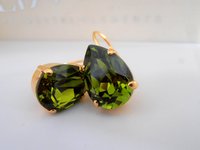 Green Olivine Teardrop Crystal Earrings in Gold