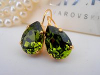 Green Olivine Teardrop Crystal Earrings in Gold