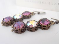 Aurora Borealis/Amethyst Drop Earrings with Crystal Chatons / Art Nouveau Antique Bronze Jewelry / Birthday Gift