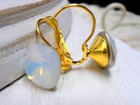 White Opal Cushion Cut Earrings / Bridesmaids Gold Dangle&Drop Leverback Earrings / Bridal Wedding Jewelry For Her