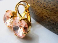 Peach Rose Cushion Cut Crystal Earrings 4470 12mm, Gold Jewelry, Square Lever back, Birthday Gift