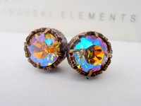 Light Topaz Shimmer Rhinestone Post Earrings / Antique Bronze Jewelry / Crystal Studs Pierced / Women Birthday Gift