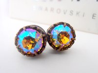 Light Topaz Shimmer Rhinestone Post Earrings / Antique Bronze Jewelry / Crystal Studs Pierced / Women Birthday Gift